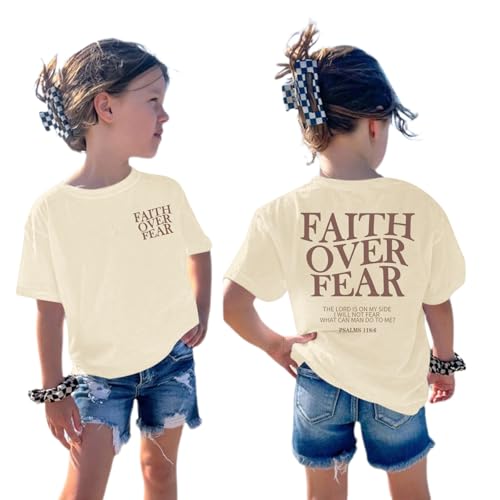 Girls Faith Over Fear Christian Shirts for Kids Jesus God Bible Verse Religious Tshirt Cute Preppy Graphic Tees Tops - color: Apricot, size: 9-10 Years