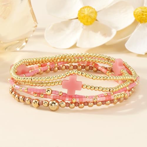 Gold Beaded Bracelets Stack for Women Stackable 14K Gold Plated Beads Ball Cross Bracelet Boho Christian Jewelry Faith Friendship Birthday Gifts for Women - color: Pink