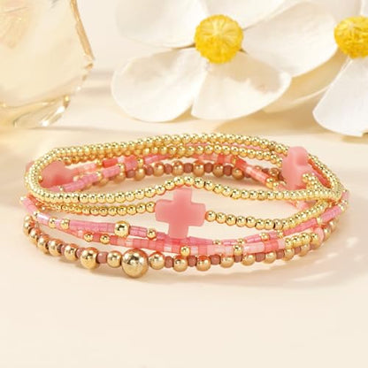 Gold Beaded Bracelets Stack for Women Stackable 14K Gold Plated Beads Ball Cross Bracelet Boho Christian Jewelry Faith Friendship Birthday Gifts for Women - color: Pink