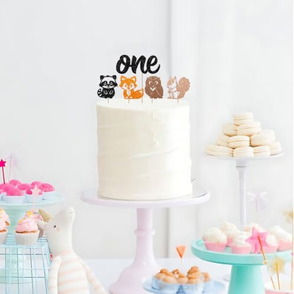 Woodland Animal One Cake Topper, Woodland 1st Birthday Cake Decor, Black Glitter Forest Friends Cake Topper for Kids, Woodland Animal Themed Baby Shower Party Decoration - style: Animal One