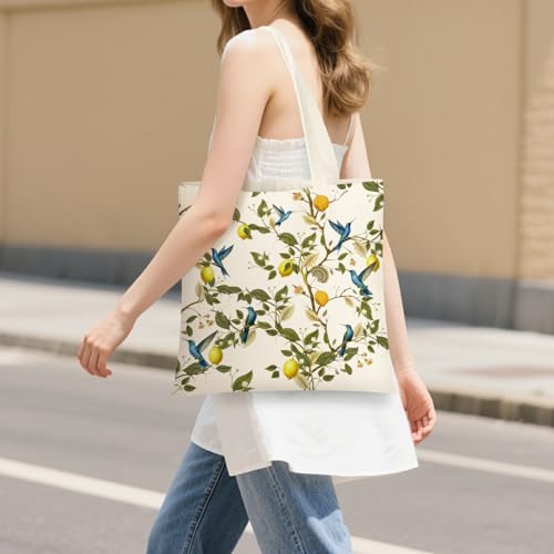 Canvas Tote Bag for Women with Zipper Cute - color: Lemon Birds