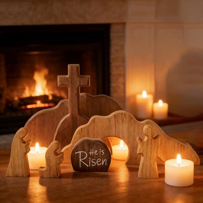 Easter Decorations, Wooden Empty Tomb Resurrection Decor, Cross Jesus Tomb Tray Set, Nativity Scene Decor, Religious Tabletop Easter Decor for Home and Office, Christian Gifts