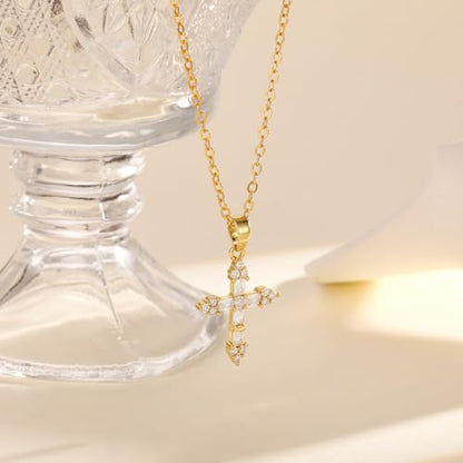 Cross Necklace For Women,14K Gold Plated Small Dainty Colorful Beaded Cubic Zirconia Diamond Double Layered Cross Pendant Choker Necklaces For Women,Christian Easter Religious Jewelry Gifts - style: Square CZ Cross-Gold