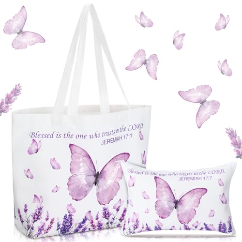 Reginary 2 Pcs Canvas Tote Bag Makeup Pouch Set - color: Purple, style: Butterfly Lavender