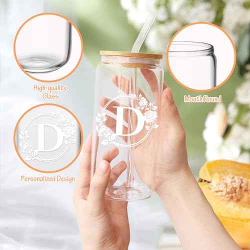 Birthday Gifts for Women, Monogrammed Initial Glass Cup Personalized Gifts for Women, 16oz Glass Cups with Lids and Straws, Iced Coffee Cup, Beer Can Shaped Glass - Gifts for Mothers Day, Christmas, D - style: D