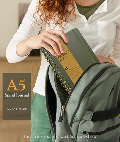 Lined Spiral Journal Notebook, A5 Hardcover Spiral Journals for Women Men, 150 Numbered Pages Spiral Bound Notebook, 100 GSM College Ruled Notebooks for Work, Note Taking 5.75" x 8.38", Olive Green - color: Green