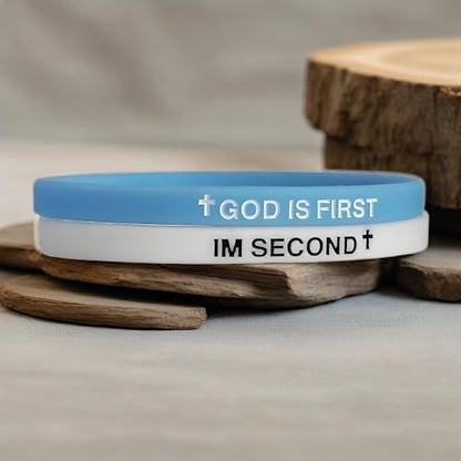 LIU JUN God Is First Bracelet, GOD IS FIRST IM SECOND Christian Rubber Bracelets Inspirational Engraved Bible Verses Cross Silicone Bracelet For Women Men Faith Gifts - color: 2pcs blue-white