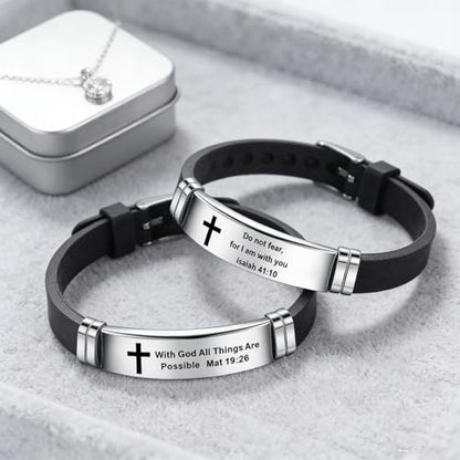 2Pcs Inspirational Quote Cross Bracelets Faith Christian Bible Verse Silicone ID Wristband Religious Bracelet Set Gift for Men Women - style: BR020-1/014