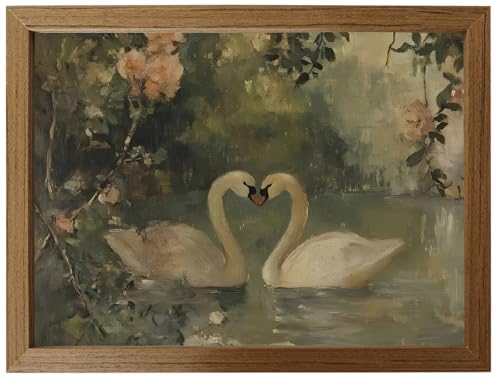 Vintage Swan Wall Art Framed Canvas, Romantic Lake Swans Oil Painting Print, Cottagecore Farmhouse Nature Wall Decor with Solid Wood Frame, Ready to Hang for Bedroom Living Room Bathroom (16x24) - color: tiane, size: 24"L x 16"W