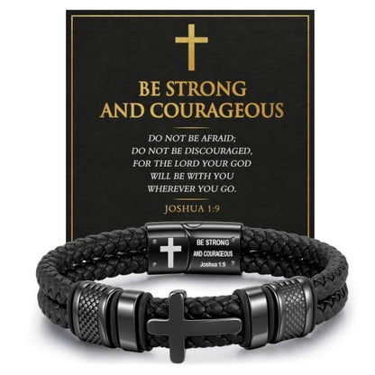 Christian Cross Bracelet Gift for Men, Double-Row Braided Leather Bracelet - color: Joshua 1:9, size: Fits Wrist 7.1-7.5 Inches
