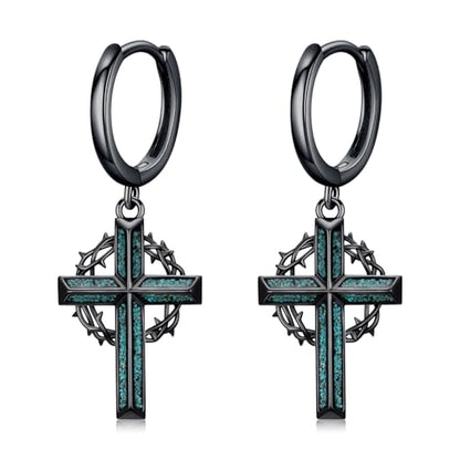 Black Dangle Drop Earrings 925 Sterling Silver Turquoise Earrings Jewelry Gifts for Women Men - style: Cross-Crown of Thorns