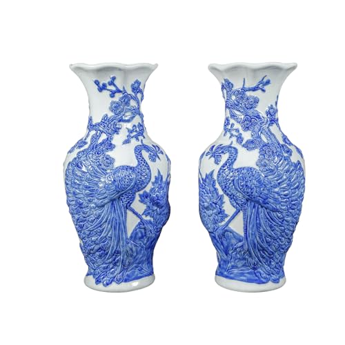 HERITAGE T&T Peach Flower Altar Vase Pair – Bat Trang Handmade Ceramic – Buddhist Altar Flower Vase Set – Traditional Asian Home Decor – 1 Pair (2 Vases) - Blue & White Glaze -30 cm (11.8 in) - color: Blue & White Glaze