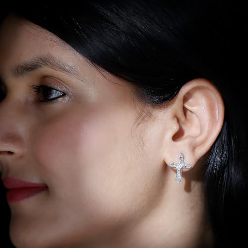 Certified Moissanite Catholic Cross Stud Earrings in Silver, D-Vs1 Quality