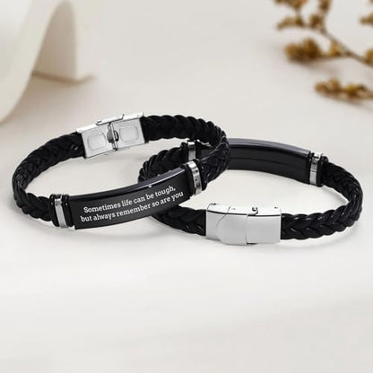 Leather Bracelet Sobriety Gifts for Men : Inspirational Quote/Bible Verse Engraved Braided Black Mens Bracelet for Him, Customized Religious Christian Gift Jewelry for Son/Dad/Boys/Boyfriend/Husband - style: 17:Sometimes life can be tough