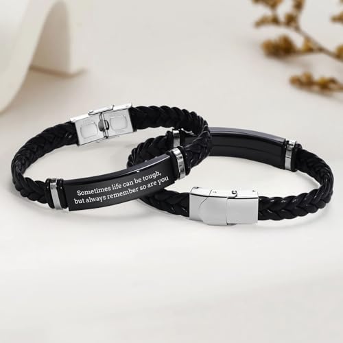 Leather Bracelet Sobriety Gifts for Men : Inspirational Quote/Bible Verse Engraved Braided Black Mens Bracelet for Him, Customized Religious Christian Gift Jewelry for Son/Dad/Boys/Boyfriend/Husband - style: 17:Sometimes life can be tough