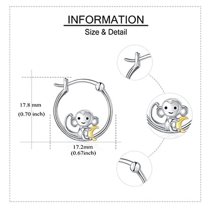 Fox/Pig/Mushroom/Cat Earrings Sterling Silver Cute Hoop Earrings Animal Jewelry Gifts for Women Daughter - style: monkey