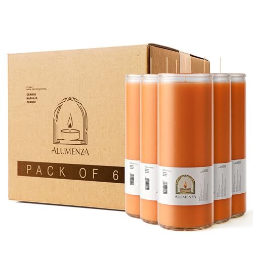 6pk Orange Naranja 90hr | 7-Day Prayer Candles - Glass Jar Veladoras, Unscented Paraffin Wax | Attraction, Legal & Success Novena - Catholic Hispanic Church Altar, Memorial Vigil, Energy Gift - color: Orange