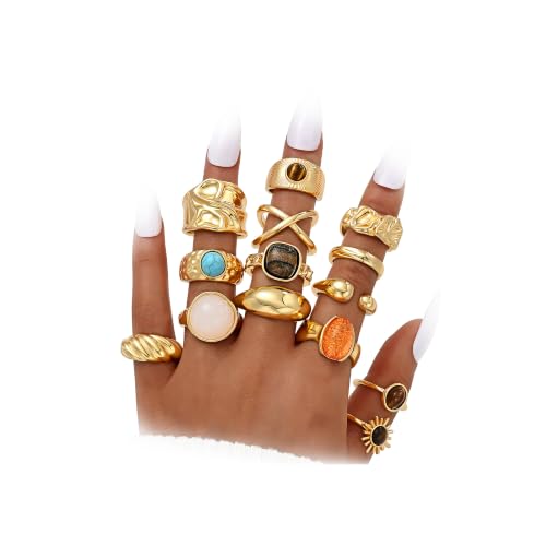 Gold Stackable Rings Set for Women, Gold Plated Chunky Crystal Finger Rings - color: Chunky Gold