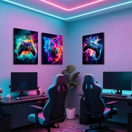 WENGTIAO 3Pcs Neon Gamepad Headphones Canvas Wall Art Prints 16"x24" - color: Cool Game Controller, size: 16"x24"x3Pcs