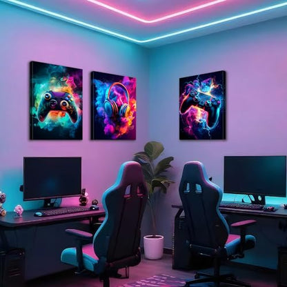 WENGTIAO 3Pcs Neon Gamepad Headphones Canvas Wall Art Prints 16"x24" - color: Cool Game Controller, size: 16"x24"x3Pcs