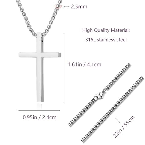 Cross Necklace for Men, Silver Black Cross Stainless Steel Pendant Necklace, Mens Necklace 18, 20, 22, 24 Inch (2Pcs)
