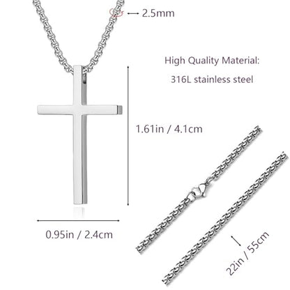 Cross Necklace for Men, Silver Black Cross Stainless Steel Pendant Necklace, Mens Necklace 18, 20, 22, 24 Inch (2Pcs)