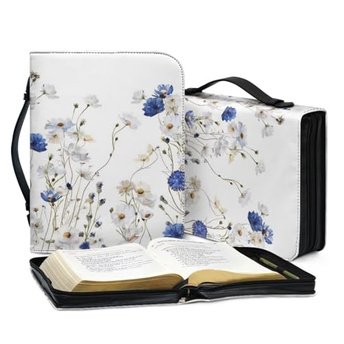 Leather Bible Cover Case Bible Case for Girls and Women Bible Bags with Leather Bookmark (Set of 1),Blue Flowers and White Fowers,Small - color: Blue Flowers and White Fowers, size: Small