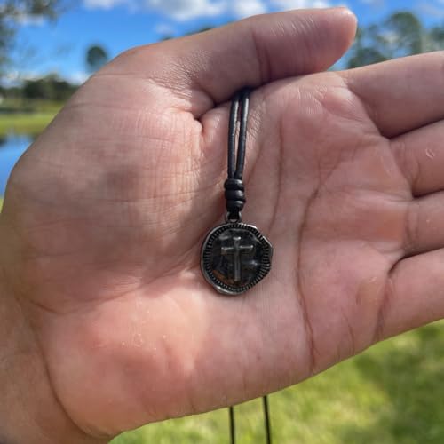 Cross Necklace Mens - Men Cross Coin, Religious Pendant, Medallion Necklaces, Christmas Gift, Catholic Pendant, Christian Charms, Women Gifts to Husband, Cute Crosses - color: Gunmetal, style: Black Leather