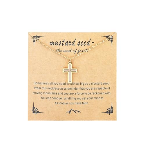 Mustard Seed Necklace - Rectangle, Round, Mountain, Hill Christian Faith Geometric Religious Inspirational Gift With Message Card - color: Gold, style: Cross