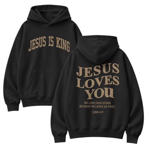 Wrenpies Christian Jesus Love You Hoodie for Men Jesus Is King Faith Religious Bible Verse Hoodies Graphic Fleece Sweatshirt - color: Black, size: Small