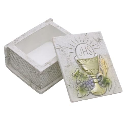 First Holy Communion Keepsake Chest | Storage Box for Religious Jewelry or Rosary | Features a Chalice, Host, Wheat, and Grapes Design | Great Catholic Gift