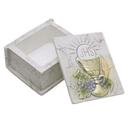 First Holy Communion Keepsake Chest | Storage Box for Religious Jewelry or Rosary | Features a Chalice, Host, Wheat, and Grapes Design | Great Catholic Gift