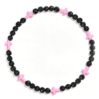 Baseball Bead Cross Necklace for Boys Kids, Elastic Rhinestone Bling Necklace Drip Gifts for Teens Players - color: Pink Cross/Black