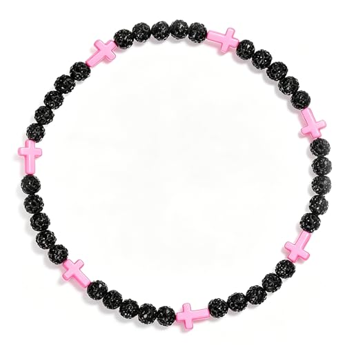 Baseball Bead Cross Necklace for Boys Kids, Elastic Rhinestone Bling Necklace Drip Gifts for Teens Players - color: Pink Cross/Black