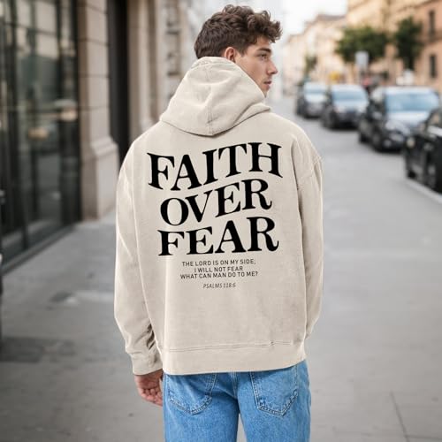 Christian Faith Over Fear Hoodies for Men Jesus Religious Graphic Sweatshirt Bible Verse Acid Wash Pullover Hoodie - color: Apricot, size: XX-Large