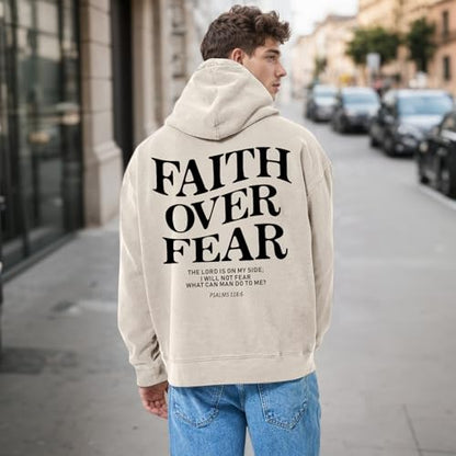 Christian Faith Over Fear Hoodies for Men Jesus Religious Graphic Sweatshirt Bible Verse Acid Wash Pullover Hoodie - color: Apricot, size: XX-Large