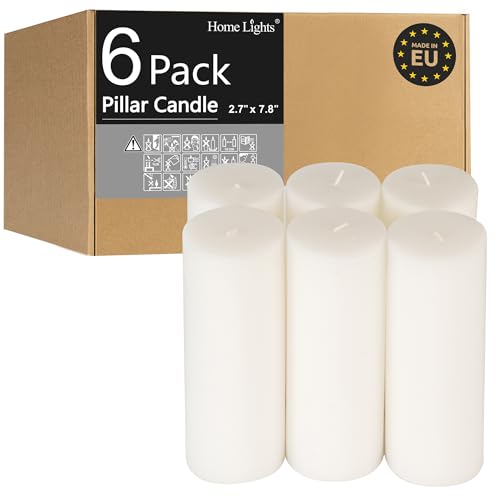 HomeLights Pillar Candles - 2.7x8 inch | 80 Hours Burning, 6 Count - White Unscented Smokeless European Pillar Candles - Perfect for Wedding, Parties, Spas, Home Gatherings and Dinner - size: 27X78P