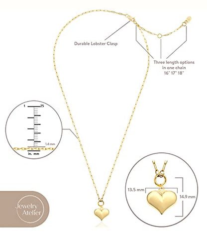 Jewelry Atelier Gold Filled Pendant Necklace Collection - 14K Yellow Gold Filled Pendant Necklace with Solid Clip Chain for Women (Different Sizes and Styles with Extension/Adjustable Chain) - style: Puffed