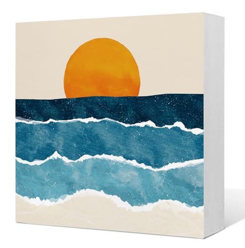 Boho Sun Sunrise Sunset Ocean Waves Wooden Box Sign, Boho Beach Decor, Mid Century Modern Coastal Sea Waves Wood Signs for Home Bedroom Desk Table Shelf Decoration, 5x5 Inch - color: Boho Sun Sunrise
