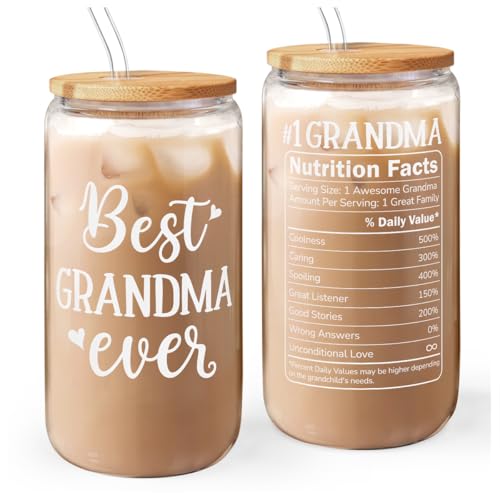 SANDJEST Grandma 16 Oz Can Glass Tumbler with Bamboo Lid and Straw - Iced Coffee Cups for Women, Aesthetic Glass Cup Gift for Grandmother Nana Birthday Christmas Mother's Day - color: Grandma