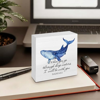 Christian Coastal Whale Wooden Box Signs Desk Decor, Christian Beach Home Decor, Bible Verse Religious Wooden Signs Desk Decorations for Home Bedroom Office Tabletop Shelf Wall, 5x5in