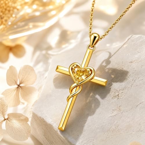Birthstone Cross Necklace for Women 14K Gold Plated Heart Infinity Cross Pendant Necklace Christian Religious Jewelry Anniversary Birthday Gifts for Wife Mom Her - color: Nov/Citrine