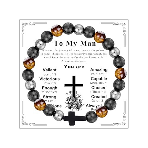 Gifts for Men Bracelets Triple Protection Cross Bracelet 8mm Black Obsidian Hematite Tiger Eye Beaded Natural Stone Bracelets Birthday Jewelry Gifts Cross Christian Gift for Him Husband Son - color: To My Man,Mix Style