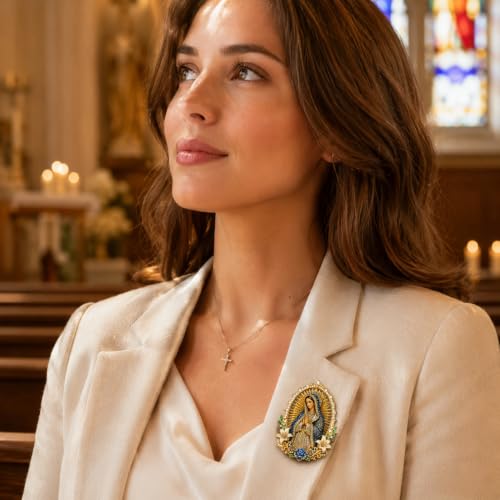 Sacred Heart of Jesus Brooch Pin, Virgin Mary Pin Catholic Sacred Heart Home Altar Church Baptism Religious Inspirational Jewelry Gift - color: Gold Blue Virgin Mary