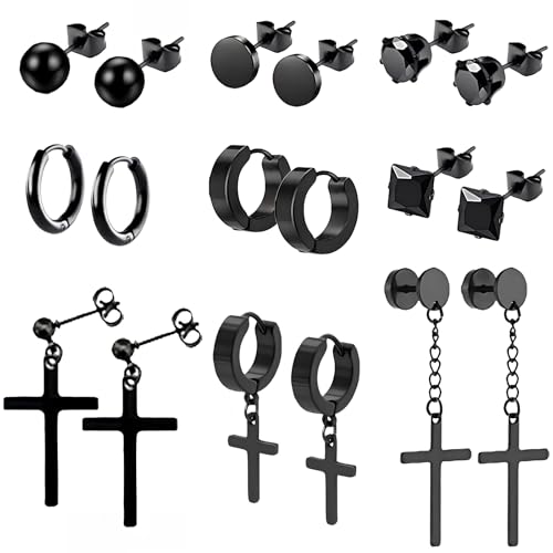 NEWITIN 9 Pairs Cross Earrings for Men Women Stainless Steel Earrings Set - color: Different Black