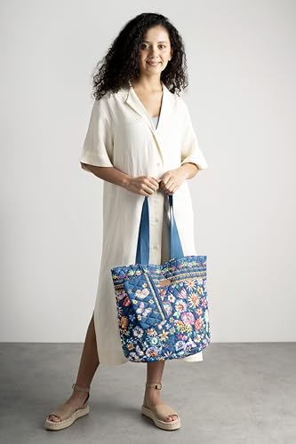Maison d' Hermine Shopping Bags Cotton Quilted Tote Bag with Zipper Pockets - color: 005 - Happy Florals - Blue