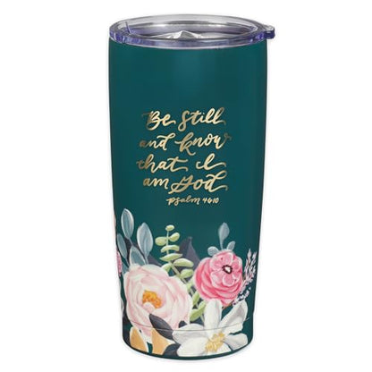 Christian Art Gifts Large Be Still and Know Travel Mug Tumbler for Women - color: Teal Floral/Be Still