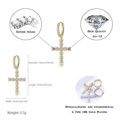 TOPGRILLZ Cross Hoop Dangle Earrings 925 Sterling Silver 5A+ Cubic Zirconia 14K Gold Hypoallergenic Cross Hoop Cuff Huggie Drop Earrings For Men Women - color: Cross 4 Gold