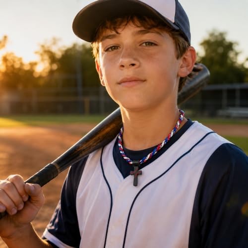 ZHZ Baseball Necklace with Cross Pendant - color: Red Navy White