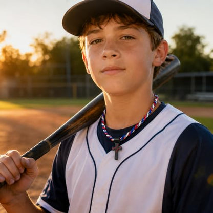 ZHZ Baseball Necklace with Cross Pendant - color: Red Navy White